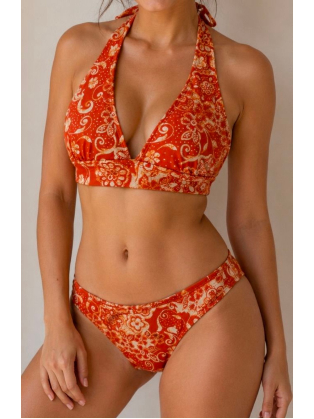 Pool Party Orange Floral Halter Bikini Set Womens XS Triangle Top Cheeky Bottoms